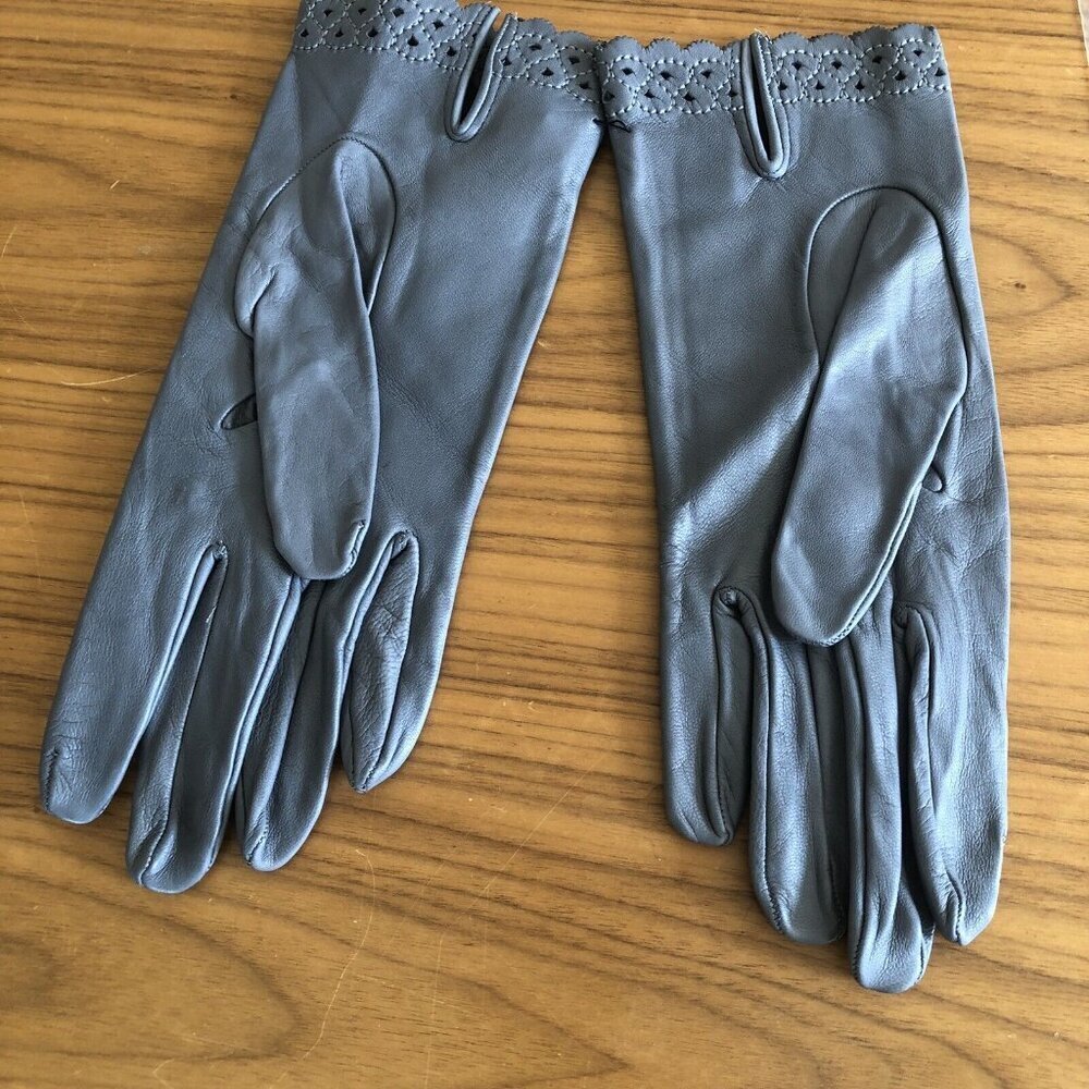 Luciano Firenze Gray Leather Gloves Etched Border Made in Italy Luxury Quality - Picture 5 of 9